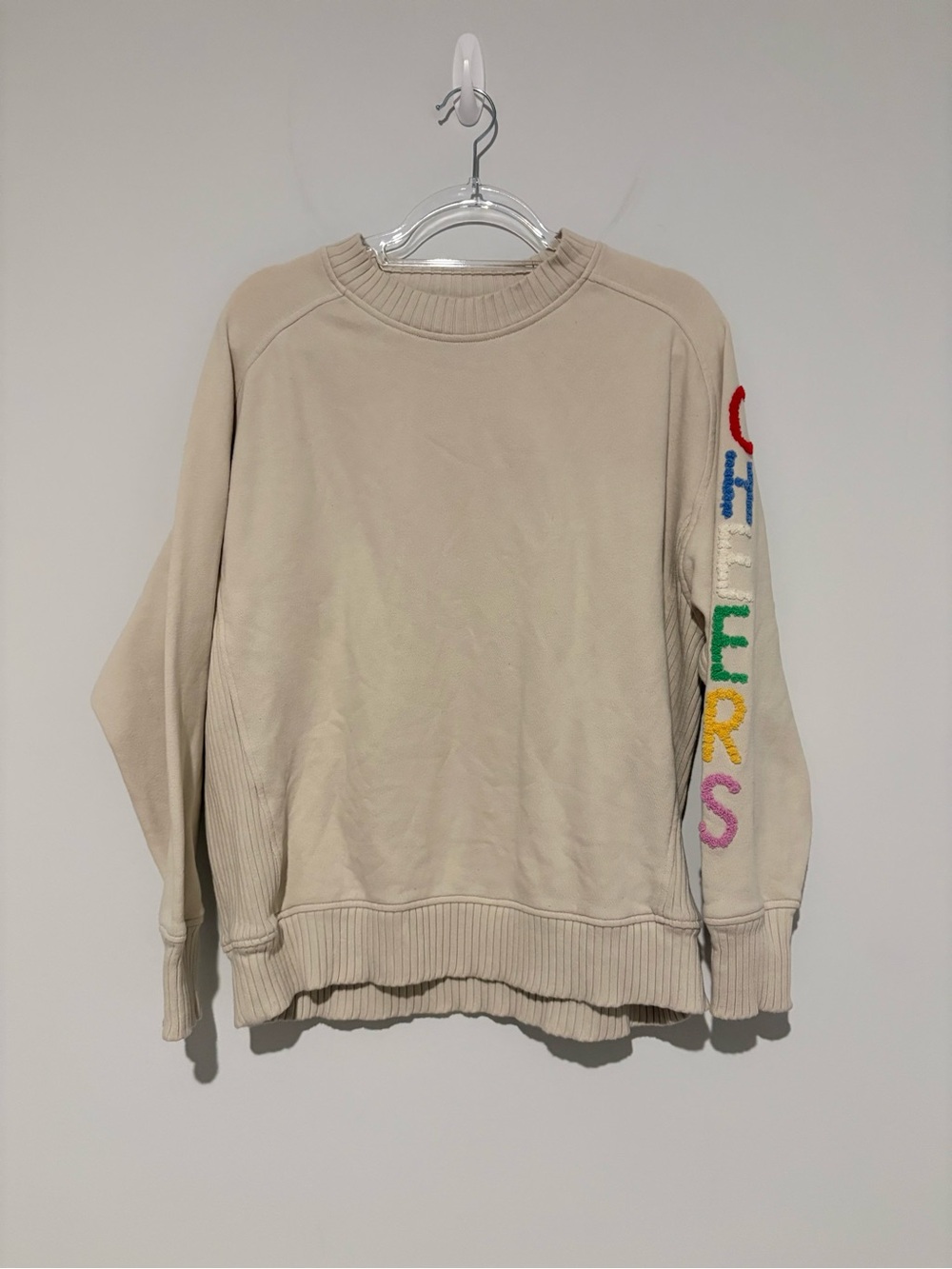 Aerie‎ Cheers Holiday Embroidered Oversized Sweatshirt Beige Tan Size XXS